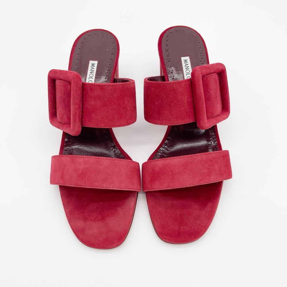 Manolo Blahnik Titubanew Red Suede Open Toe Buckle Mule Sandals Heels IT 37 - Picture 7 of 12